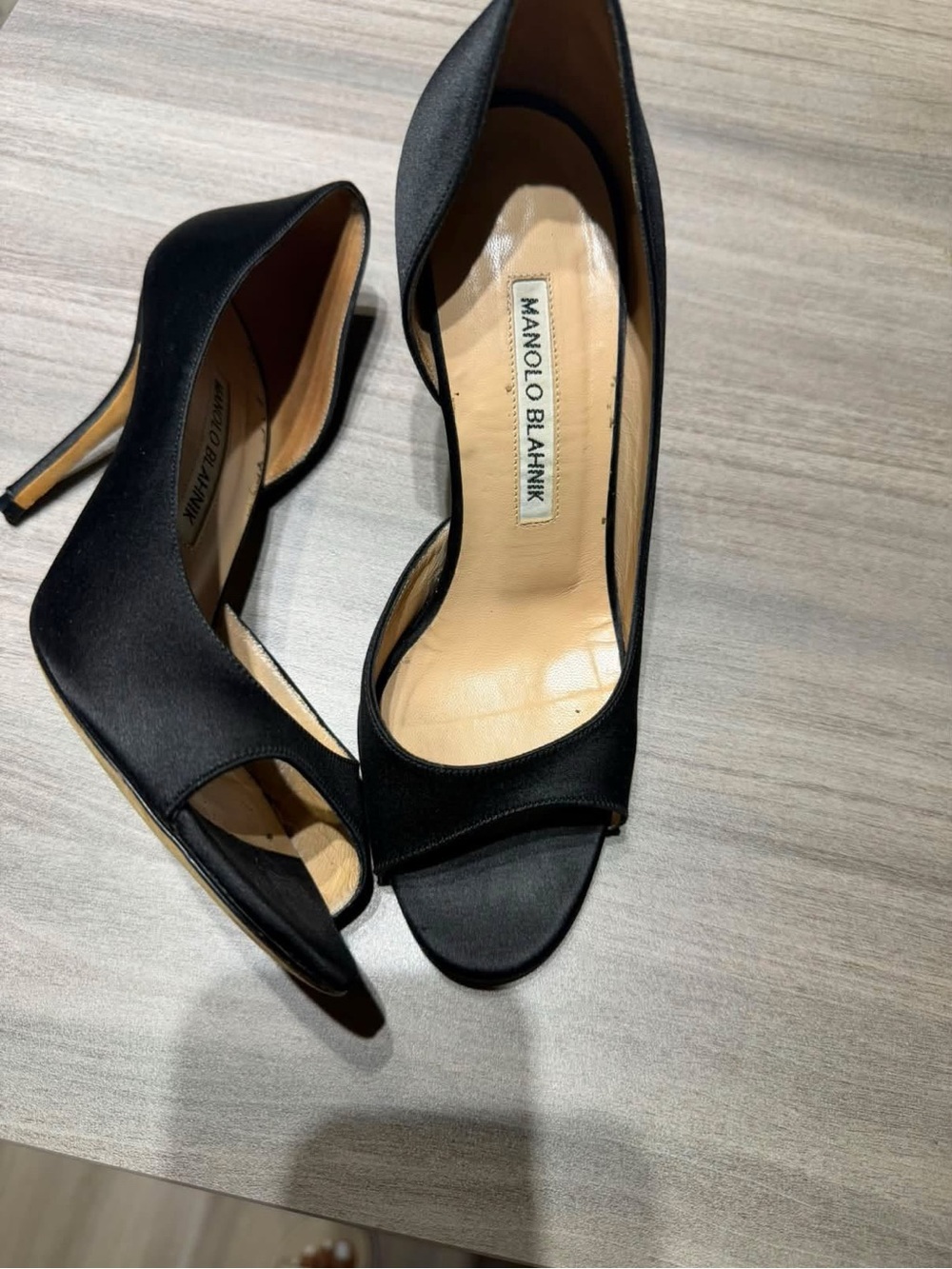 Manolo Blahnik Black Satin Open-Toe Pumps